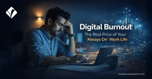Digital burnout concept showing stressed professional working late on laptop in always-on work culture